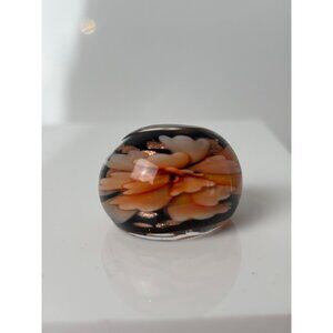 Murano Glass Floral Statement Ring With Orange Flower & Gold Tone Flake Accents